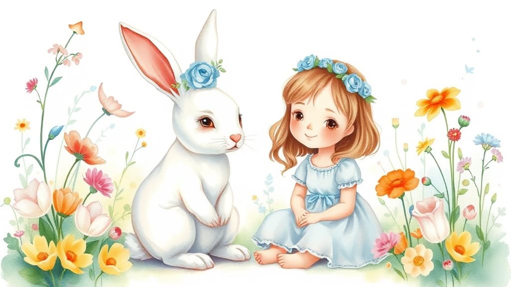 A white rabbit wearing a delicate blue flower crown sitting beside a young girl in a fantastical garden filled with luminescent flowers in impossible colors.